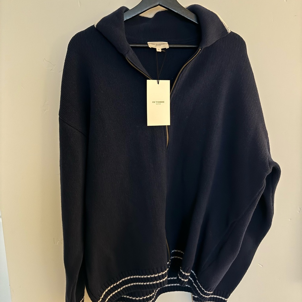 Octobre Editions Navy Zip-Up Knitwear with White Trim